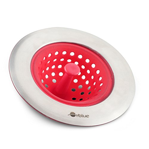 ORBLUE Silicone Mesh Sink Drain Strainer, Brushed Stainless Steel Finish (Red)