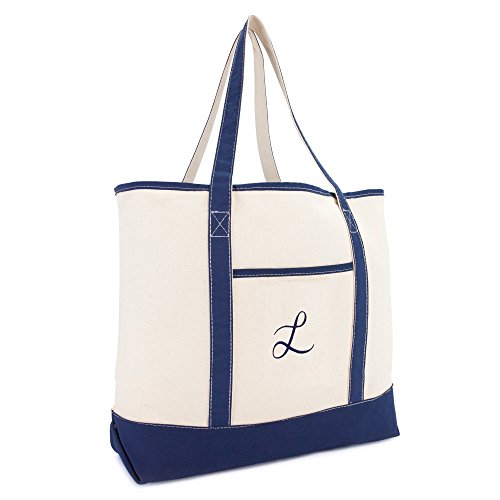 DALIX Personalized Tote Bag For Women Monogram Initial Open Top Navy Blue L