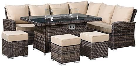 Nova - Cambridge Outdoor Rattan Corner Dining Set - Fire Pit - 8 Seater - Weather Resistant - Aluminium - Garden Table & Right Arm Sofa with Stools - Flat Weave Patio Furniture - Brown