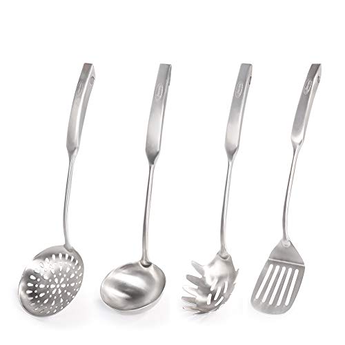 Newness Kitchen Utensil Set, 4pcs - 304 Stainless Steel Cooking Utensil Set with Skimmer Slotted Spoon, Spatula Turner, Spaghetti Server and Soup Ladle, Heat Resistant Kitchen Gadgets Tools for Gift