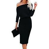 Ezbelle Women's Off The Shoulder 3/4 Sleeve Batwing HIPS-Wrap Pencil Party Sexy Bodycon Midi Dress Loose