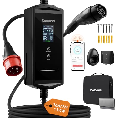 tomons Mobile Wallbox 11 kW with App, Type 2 Charging Cable 7M, 3-Phase 6-16 A 400 V CEE Plug, 2.4 Inch LCD, IP65, Adjustable Charging Power and Start Time, for E Car ID.3/4/5/7, Model Y/3, ENYAQ and