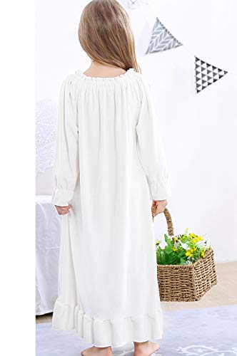 PUFSUNJJ Girls Princess Nightgown,Winter Long Sleeve Flannel Nightdress Pajamas Dress Kids 3-12 Years Offwhite