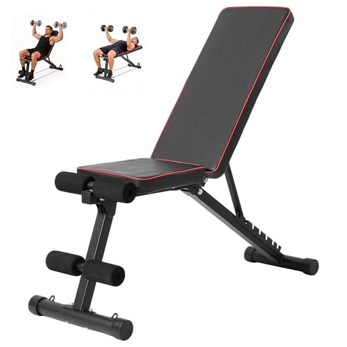 Adjustable Weight Bench, Full Body Workout Strength Training Bench Press Foldable Incline Decline Bench Sit Up Exercise Equipment for Home Gym with Dual Bands