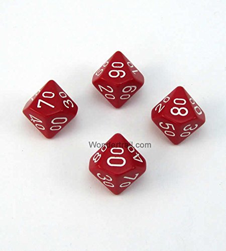 WCXPQ1104E4 Red Opaque Dice with White Numbers 10s D10 Aprox 16mm (5/8in) Pack of 4 Dice Chessex