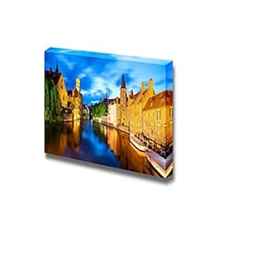 Canvas Prints Wall Art - Night View of Canal in Bruges | Modern Wall Decor/Home Decoration Stretched Gallery Canvas Wrap Giclee Print. Ready to Hang - 12" x 18"