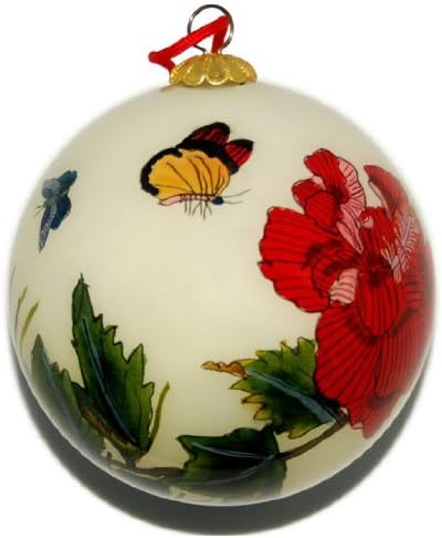 Hand Painted Glass Ornament, Red Peony with Butterflies CO-190