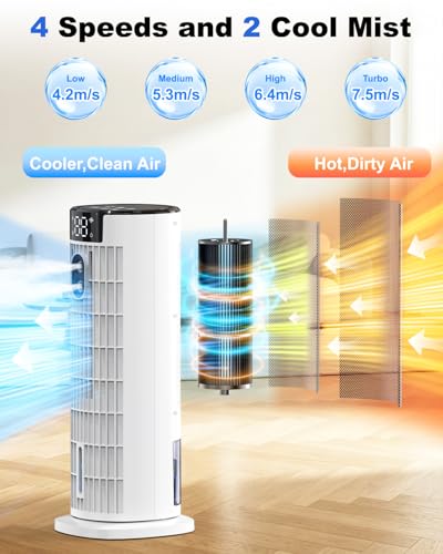 Portable Air Conditioner, 4 in 1 Air Cooler, Tower Fan with 2 Spray Modes, Timing Function and Remote Control, Personal Evaporative Cooler Mini Air Conditioning Unit for Home Office Bedroom(Off White)