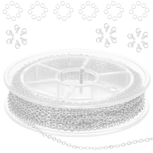 COMNICO 33ft(10m) Stainless Steel Jewelry Chain 1.5mm DIY Craft Links Supplies Findings for Making Necklace Earring Bracelet, Color Plated Metal Cable Roll 20pcs Lobster Clasps 50pcs Jump Ring(Silver)
