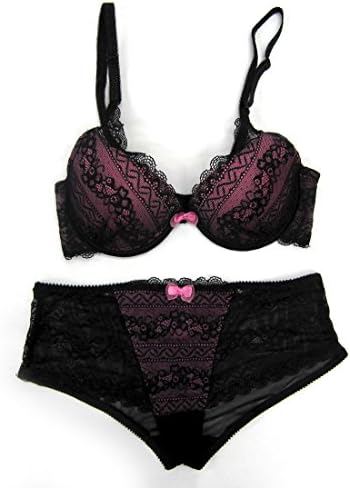 Women Mixed Floral Lace 2 PC Bra Set (34B/M, Black)