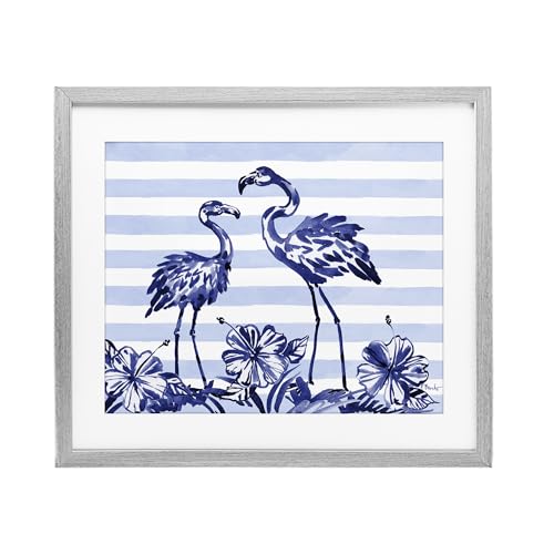 Stupell Industries Indigo Flamingos over Stripes Gray Framed Print Under Glass,…