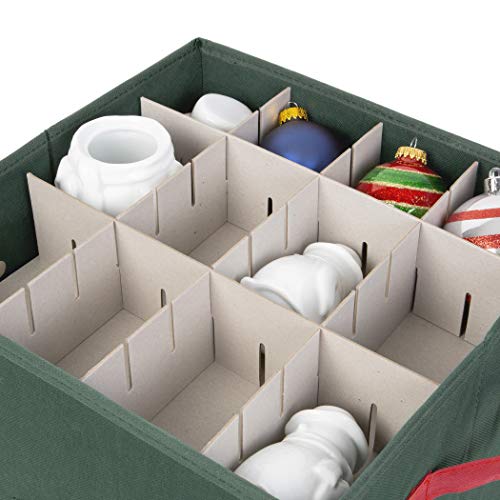 Richard's Homewares - 64 Compartment Cube Ornament Organizer - Holiday Green with Red Handles