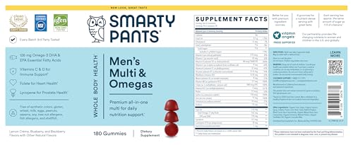 SMARTYPANTS MULTIVITAMIN FOR MEN, GUMMIES: OMEGA 3 FISH OIL (EPA/DHA), METHYLFOLATE, COQ10, VITAMIN D3, C, VITAMIN B12, B6, A, K & ZINC FOR IMMUNE SUPPORT, BIOTIN, 180 GUMMIES (30 DAY SUPPLY)