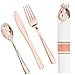 WDF 50pcs Rose Gold Plastic Silverware -Rose Gold Cutlery with Napkins-Heavyweight Disposable Flatware Includes 50 Forks, 50 Spoons, 50 Knives in Rolled Napkins for Wedding/Parties