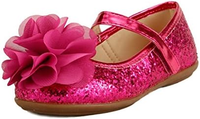 Wedding Party Flower Girl's Shoes Glitter Sparkling Chiffon Floral on Topper 3 Colors (7, Hot Pink)