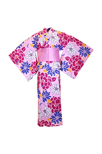 myKimono Women's Traditional Japanese Kimono Robe Yukata 490 with Obi Belt / Pink and flower pattern