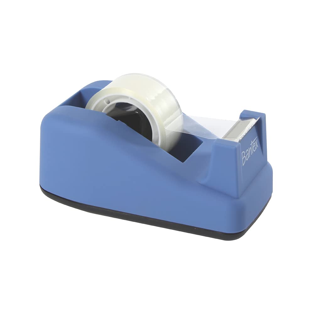 Bantex Tape Dispenser with 1 Roll of Tape, 19mm Core, Blue, Weighted Base for Stability, Soft-Touch Office & Home Desk Tape Holder