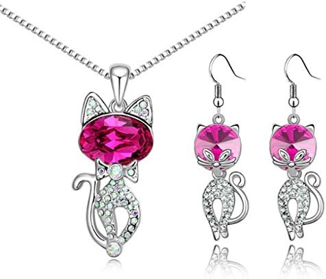 Austria Crystal Naughty Cat Platinum Rhinestone Necklace Earrings Jewelry Set Purplish Red