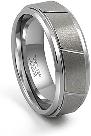 8mm Tungsten Carbide Beveled Edge Brushed with Diagonal Cuts Wedding Band Ring for Men or Ladies (8)