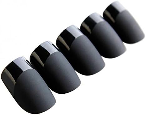enForten Classic False Fake Nails French Manicure Pretty Nail Designs Black Full Cover Tips Pack of 24pcs