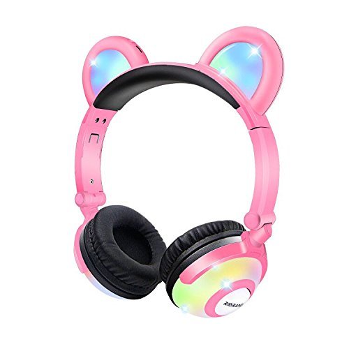 Bear Headphones with Flash Light Wired Ear Headband Best Gift for Kids Women Cosplay Fans Pink