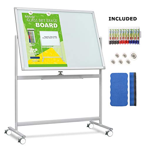 Mobile Glass Whiteboard Dry Erase Glass Board 48x36 Large Rolling