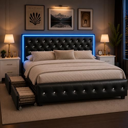 Queen Bed Frame with 4 Storage Drawers, LED Bed Frame with Remote Control Rhythm Sync Light, Adjustable Diamond Tufted Headboard, No Box Spring Needed, PU Black