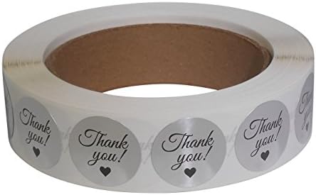 Thank You Sticker Labels with Heart, 1" Circle, Silver Foil, 1,000 Per Roll