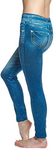 Love Charm Women's Seamless Full Length Denim Jean Print Leggings,Denim Blue,S/M (Ladies 4-8)