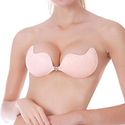 CieKen Strapless Silicone Bra Adhesive Bras Push Up Party Stick on Bra Lace Mango Bra (D, Pink)