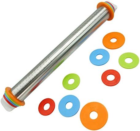 Guzack Rolling Pin, Non-stick Stainless Steel Spacers for Baking With 4 Adjustable Thickness Guide Rings Removable Dough Roller For Pasta, Cookie Dough, Pastry, Bakery, Pizza, Dishwasher Safe (22 Inch)