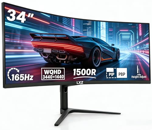 LXZ 34 Zoll Curved Gaming Monitor Height Adjustable 165Hz, 3440 x 1440 UWQHD, 1500R with HDR, 1ms MPRT, 21:9 UltraWide Monitor, VA, with 2xHDMI2.0 2X