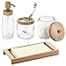 mDesign Glass Soap Dispenser Pump, Canister Jar for Cotton Balls/Swabs, Cosmetic Organizer Tray, Toothbrush Holder - Set of 4, Clear/Natural Bamboo