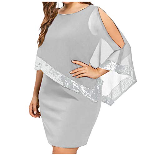 BCDshop Women Plus Size Cold Shoulder Overlay Shrug Asymmetric Chiffon Sequins Dress (M, Gray) - Thumbnail 2