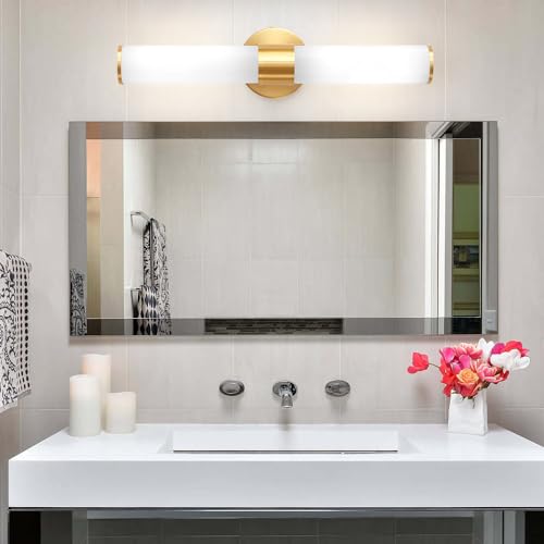 Vaziden Lámparas de baño doradas, luces de tocador para espejo con pantalla de vidrio lechoso, apliques de pared de 50.8 cm arriba y abajo para baño, dormitorio, sala de estar, pasillo - Bombilla no