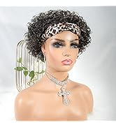 Gray Short Curly Headband Wigs 180 Density Ombre Pixie Cut Bob Human Hair Wig for Black Women Glu...
