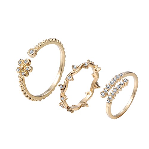 chengxun Gold Flower Plain Band Knuckle Stacking Midi Rings CZ Engraved Open Adjustable Finger Toe Rings 3PCS