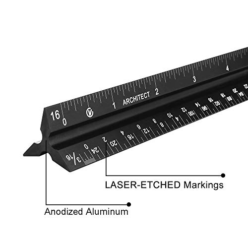 Aluminum Architectural Scale Ruler,12" 3 Sided Architect Ruler for Student and Engineer, Laser