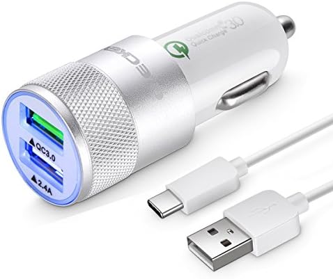 Rapid USB C Car Charger for Samsung Galaxy S8/S8 Plus, LG G6/G5, HTC 10 with Quick Charge 3.0 Port and 3.3ft USB Type C Cord - White