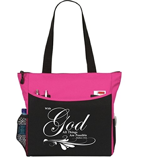 Matthew 19:26 With God All Things Are Possible Tote Bag Christian Bible Cover Verse Church Office School Travel Gym Book Organizer - Pink Black