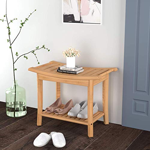 HOMECHO Bamboo Shower Bench Stool Seat with Shelves Waterproof Wooden