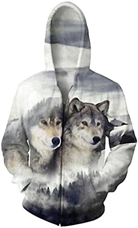 New 3D Wolf Print Zip Up Hooded Zipper Men Animal Tops Hoodies Sweatshirts Plus Size