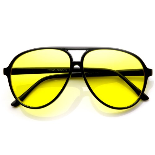 zeroUV - Retro 80s Vintage Blue Blocking XL Large Plastic Aviator Sunglasses (Night Driving | Black / Yellow)