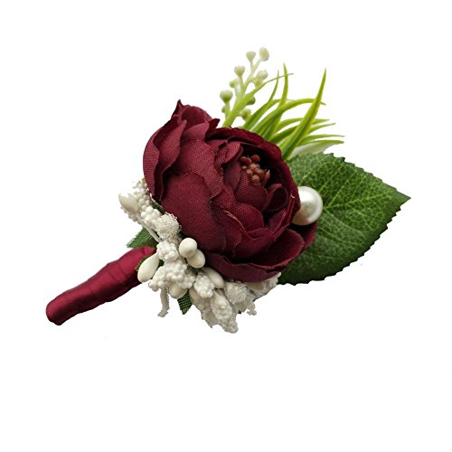 6 Pieces/lot Groom Boutonniere Man Buttonholes Wedding Flowers Party Decoration (Wine red) - Thumbnail 4