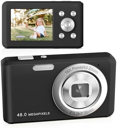 Fotocamera Digitale, HD 1080P con Scheda di Memoria da 32 GB, Fotocamera da 48 Megapixel, LCD da 2,4 Pollici con Zoom Digitale 16x per Ragazze, Adolescenti, Ragazzi e Principianti (Nero)
