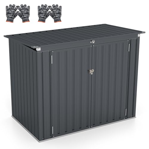 Goplus Outdoor Trash Can Storage Shed, Large Lockable Garden Shed w/Double Openings, 2 Doors, Galvanized Steel Frame, Storage Organizer for Backyard Garden Patio Lawn, 172 x 95,5 x 130 cm (L x W x H)