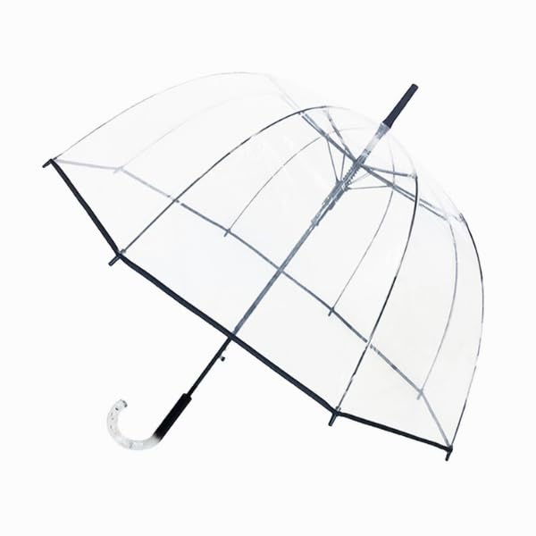 SMATI Lady’s Clear Big Birdcage Umbrella in Black Border, Transparent, Windproof, Auto Open, Crystal Style Handle, French Design, Dome Shape Umbrella