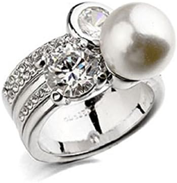 2018 Mothers Day 18K White Gold Plated White Simulated Pearl CZ Cubic Zirconia Durable Eco-Friendly Engagement Wedding Fashion Ring for Women Ladies Girls Gift (Silver Color) (6)