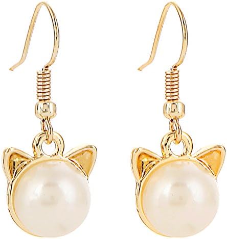 RUXIANG Pearl Animal Head Cat or Dog Hook Dangle Ear Earring Jewelry (gold)