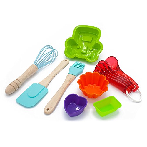 Kidâ€™s Baking Set (8-Piece Kit) Real Chef Cooking Tools & Accessories | Silicone Spatula, Measuring Spoons, Whisk, Baster, Baking Molds | Girls and Boys | Food-Grade Safe (Green Car)